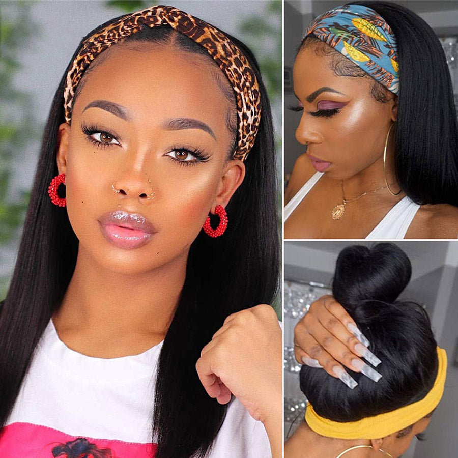 Headband Wig Human Hair Wigs For Black Women Straight Brazilian Machine Made Remy Natural Color Wigs 150% Density