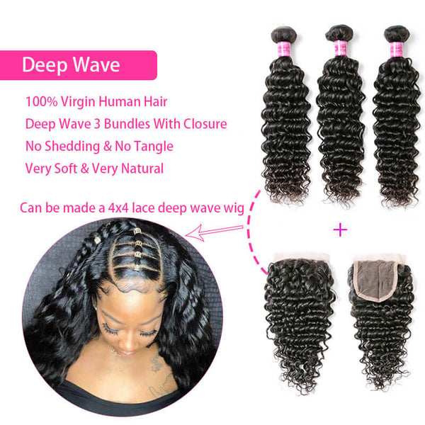 deep wave human hair bundles with closure