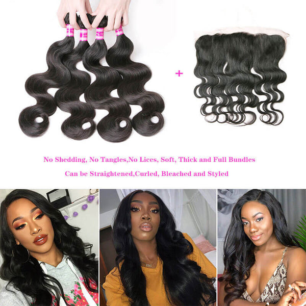 Body Wave Human Hair 4 Bundles with lace frontal
